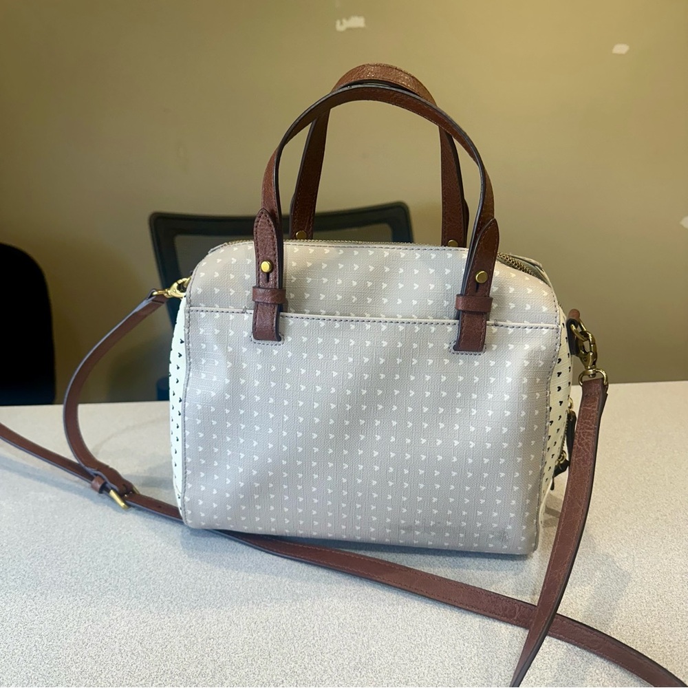 Fossil Rachel Medium Satchel Hearts White Cream Brown Leather Crossbody Handle